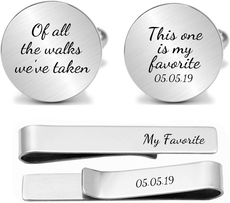 Vkooer Personalized Engraved Cuff Links Tie Clip Set Custom Engrave Phrase Wedding Cufflinks Jewelry Gift for Father Dad Of all the Walks We've taken This one is my Favorite - Image 3